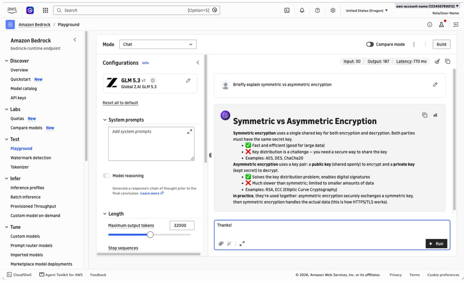 Интерфейс Amazon Bedrock с выбранной моделью GLM 5.3 в чат-плейграунде